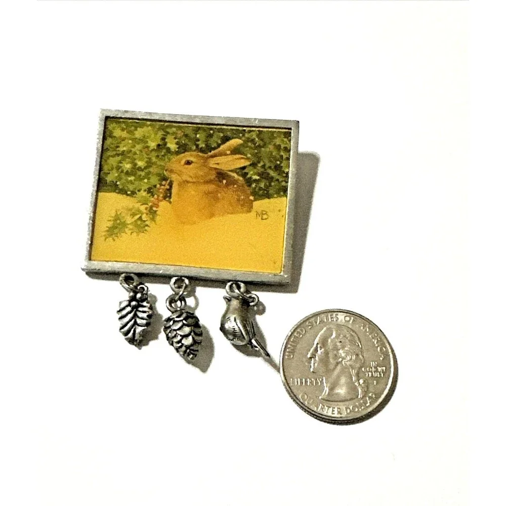 Vintage MARJOLEIN BASTIN Brooch Rabbit Holly Bush Nature Pewter Charms Signed